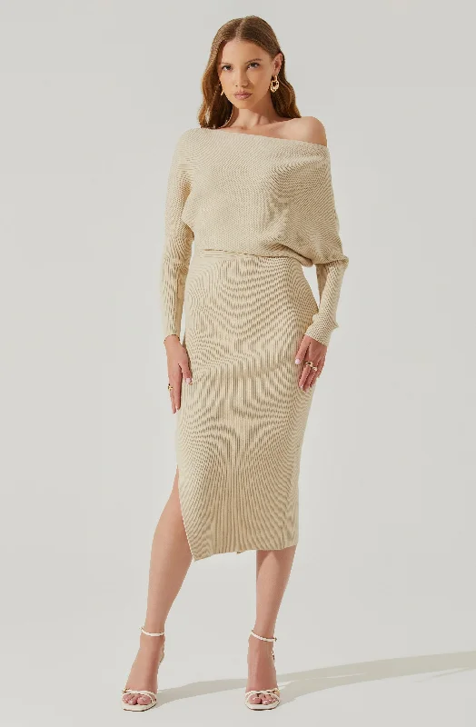 Caris Ribbed Off Shoulder Midi Sweater Dress