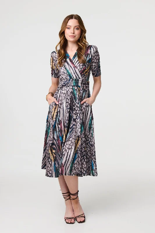 Printed Faux Wrap Front Jersey Midi Dress