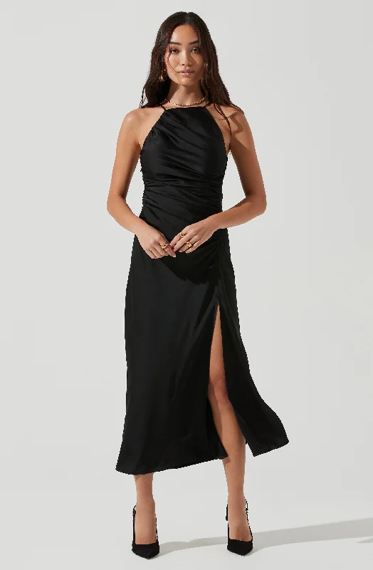 Front Slit Halter Satin Midi Dress