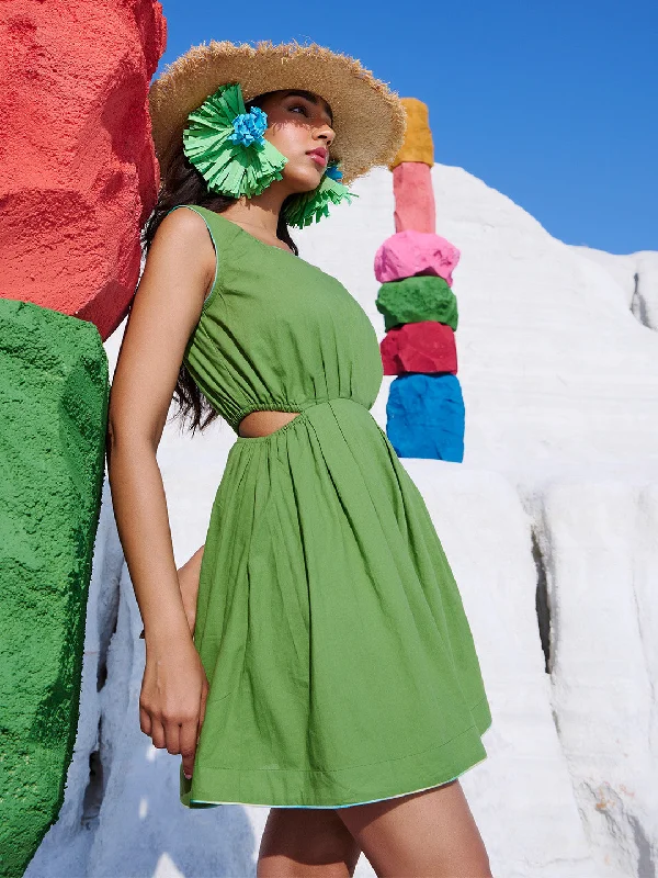 Green Cotton Solid Front Side Cut-Out Dress