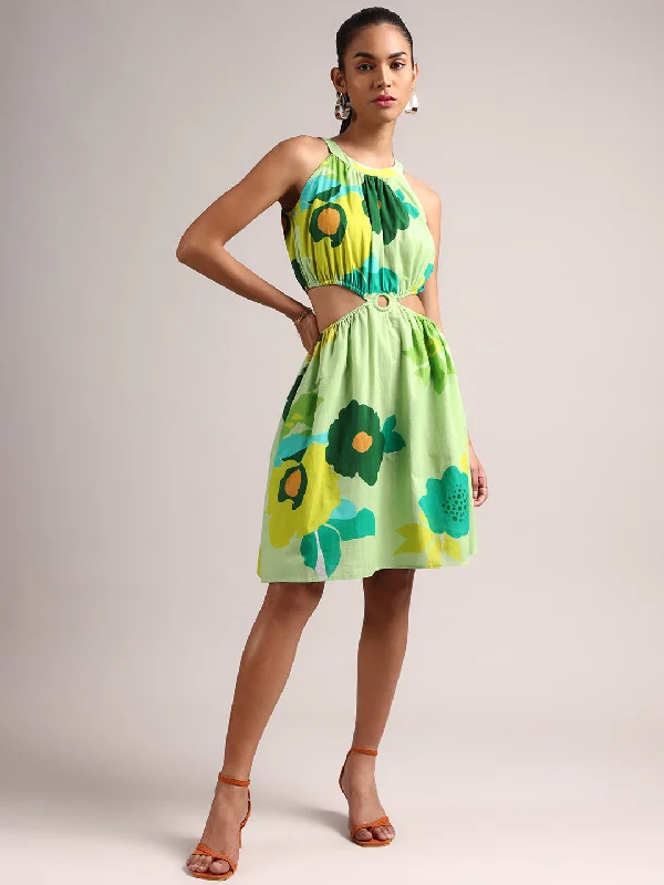 Green Pure Cotton Floral Printed Side Cut-Out Dress