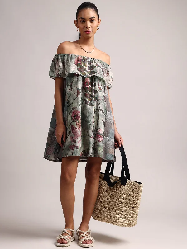 Grey Cotton Linen Floral Off Shoulder Dress