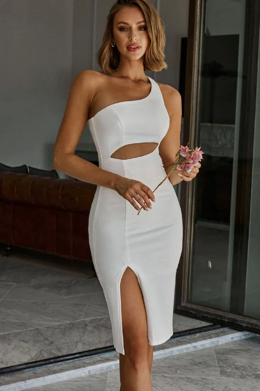 Hideaway One-Shoulder Cut-Out Front Split Midi Dress White