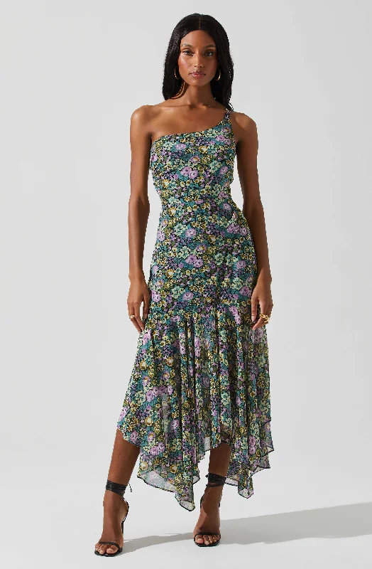 Malvina One Shoulder Floral Midi Dress