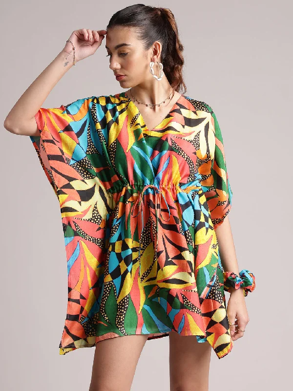 Multicolor Muslin Tropical Kaftan Dress