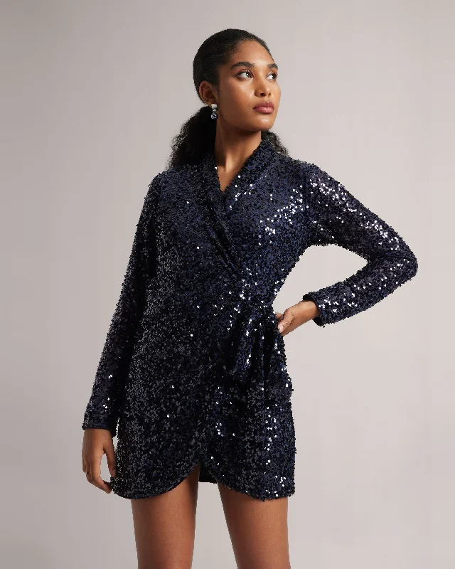 Navy Blue Sequin Wrap Dress