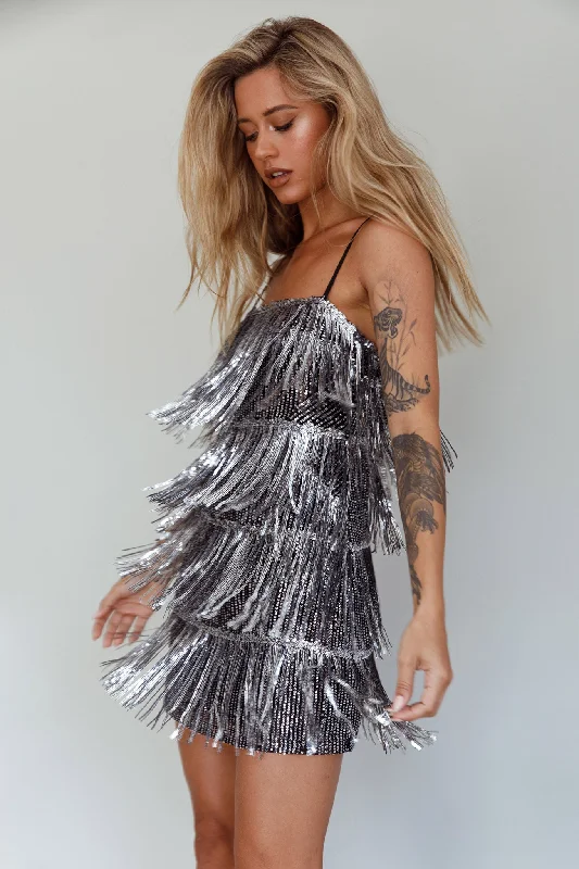 New York Nights Sequin Fringe Mini Dress Black