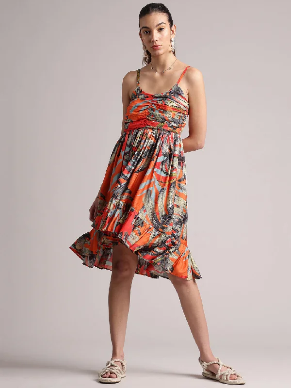 Orange Muslin Tropical Fit & Flare Dress