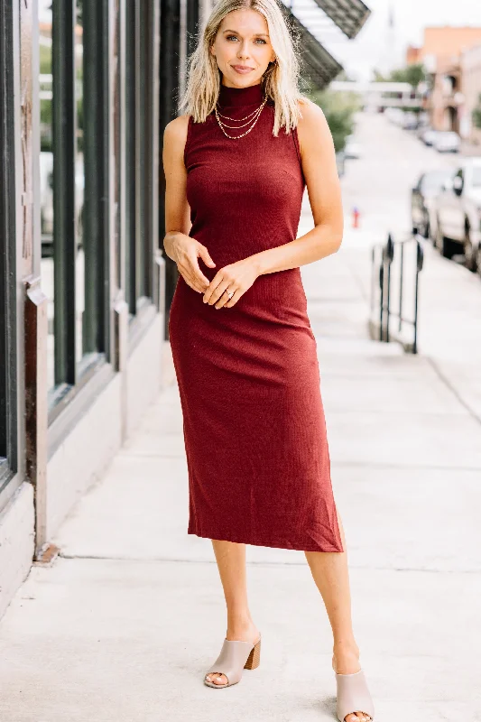 Above All Else Brick Red Ribbed Midi Dress