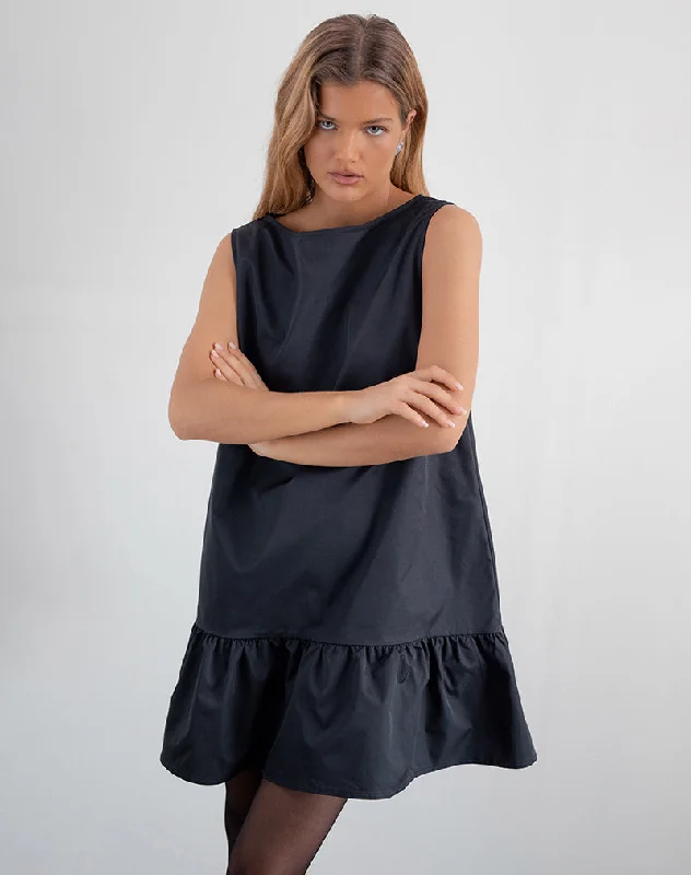 Arkana Babydoll Mini Dress in Black Taffeta