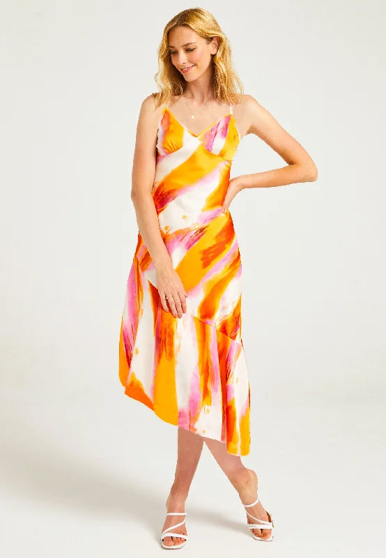 Bias Hem Cami Dress In Multi Abstract Print