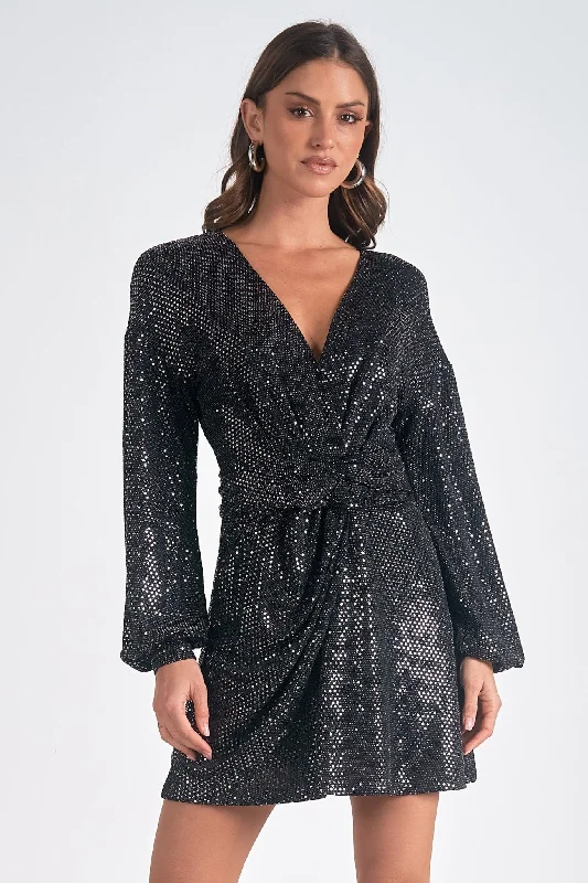 Black Silver Sparkle Drape Front Mini Dress