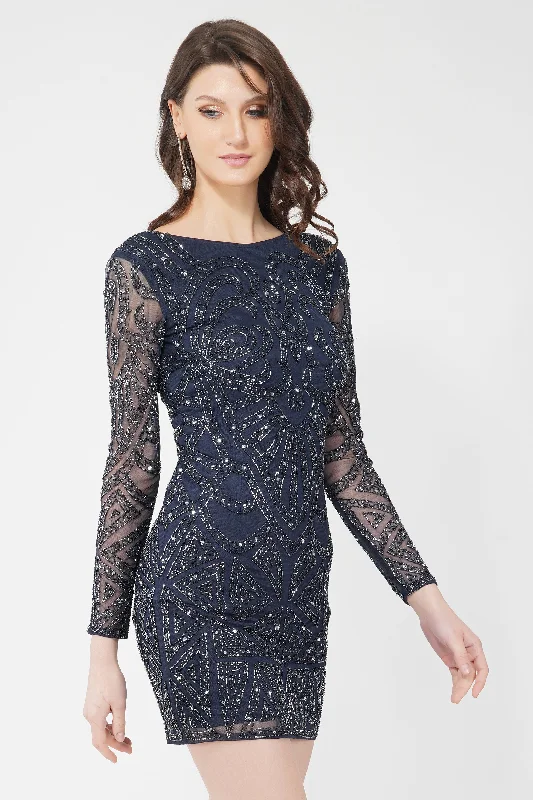 Brooklyn Navy Blue Long Sleeve Sequin Mini Dress