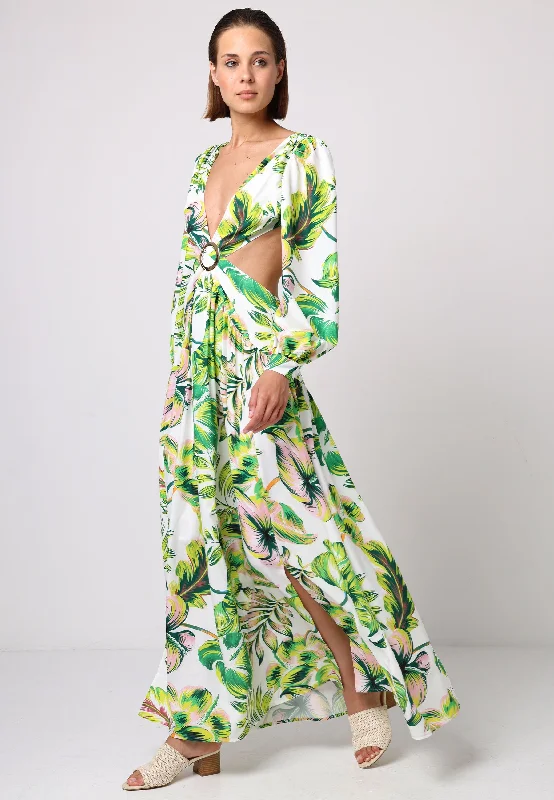 Cut Out Open Back Maxi Dress With Golden Buckle In Tropical Print