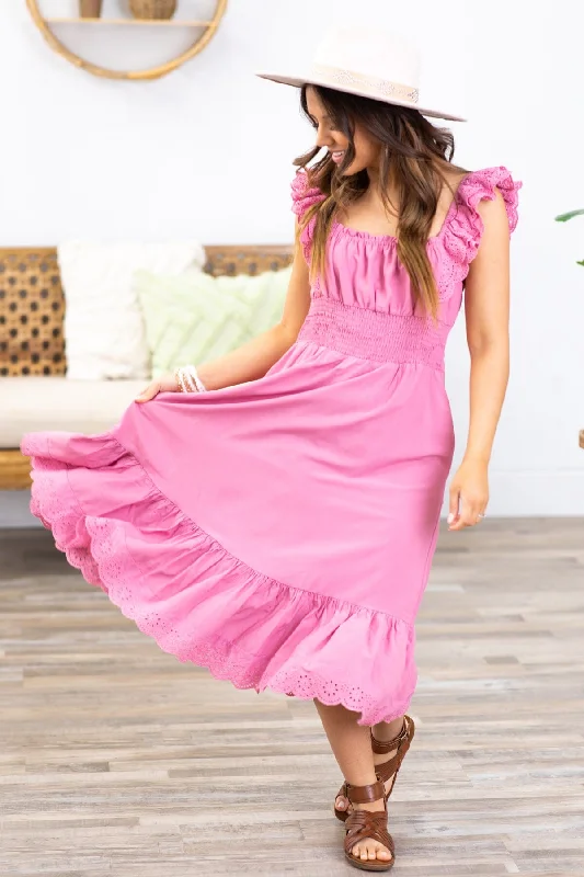 Dark Blush Eyelet Trim Smocked Waist Dress