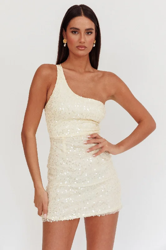 Disco Baby One-Shoulder Sequin Mini Dress Nude