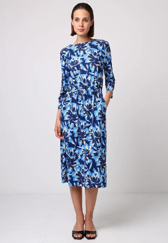 Elasticated Waist Midi Dress In Blue Floral Print