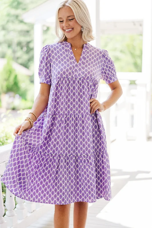 Fast Learner Purple Lattice Print Midi Dress