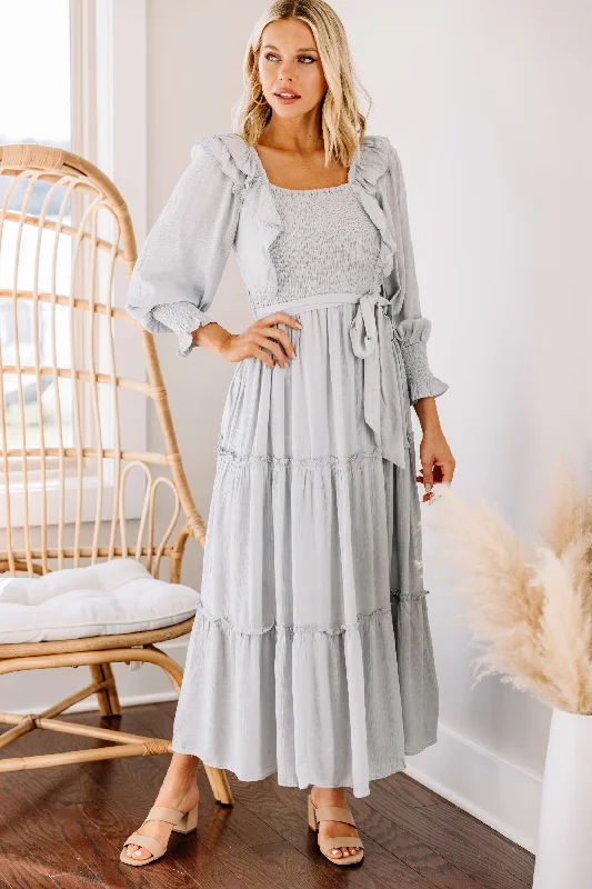 Feel Your Love Light Gray Ruffled Midi Dress