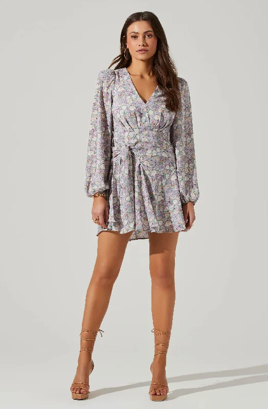 Floral Long Sleeve Side Tie V Neck Mini Dress