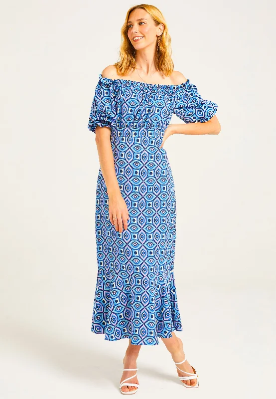 Geometric Print Midaxi Tea Dress in Blue