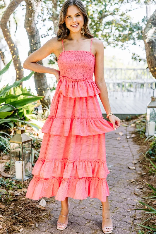 Got It All Bright Coral Pink Ruffled Midi Dress