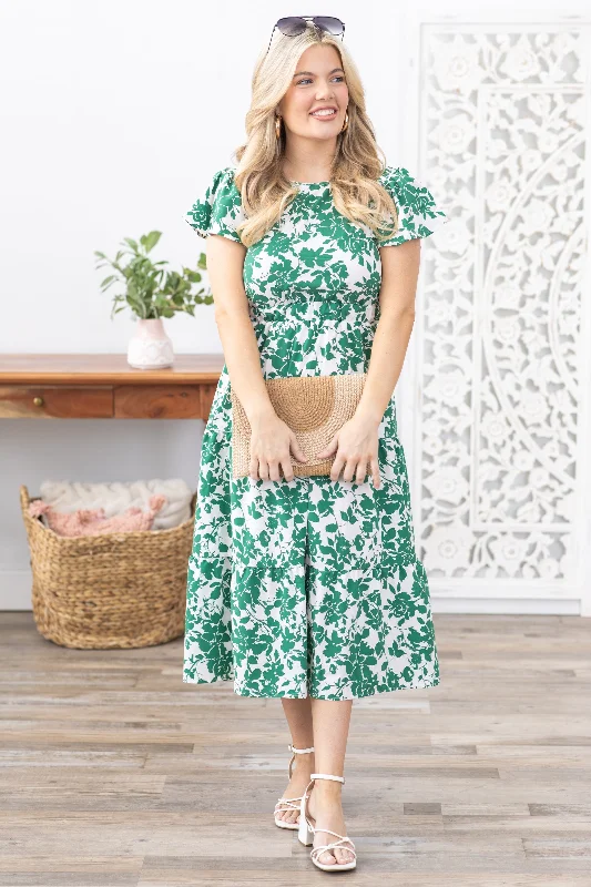 Green Floral Print Cutout Back Midi Dress