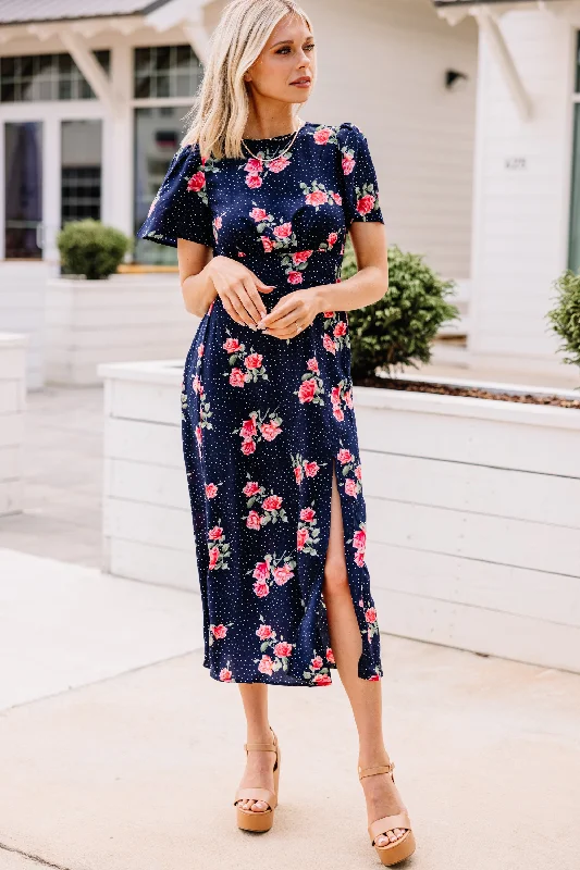 Here We Go Navy Blue Mixed Print Midi Dress