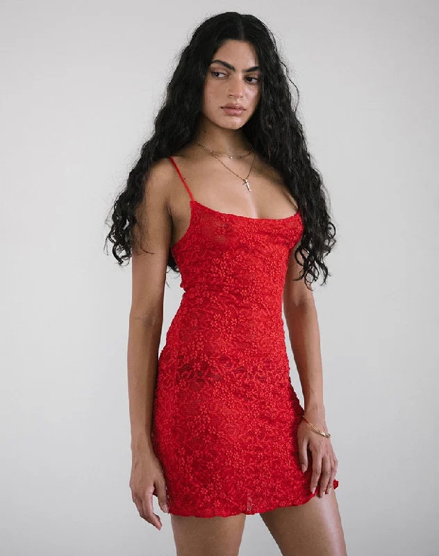 Ismene Mini Dress in Unlined Lace Red