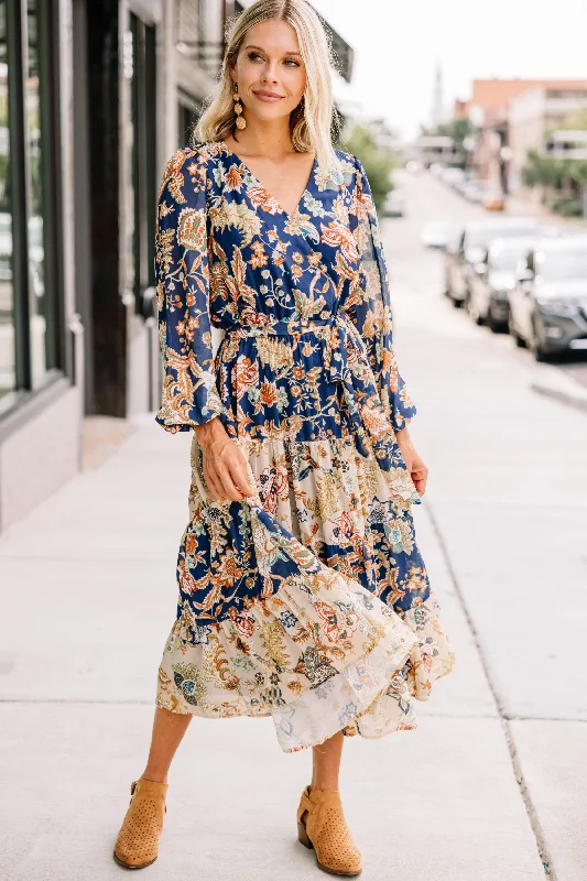 It Could Be Navy Blue Floral Midi Dress