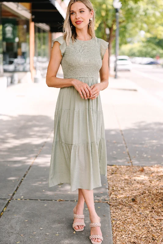 Learn To Love Olive Green Smocked Midi Dress