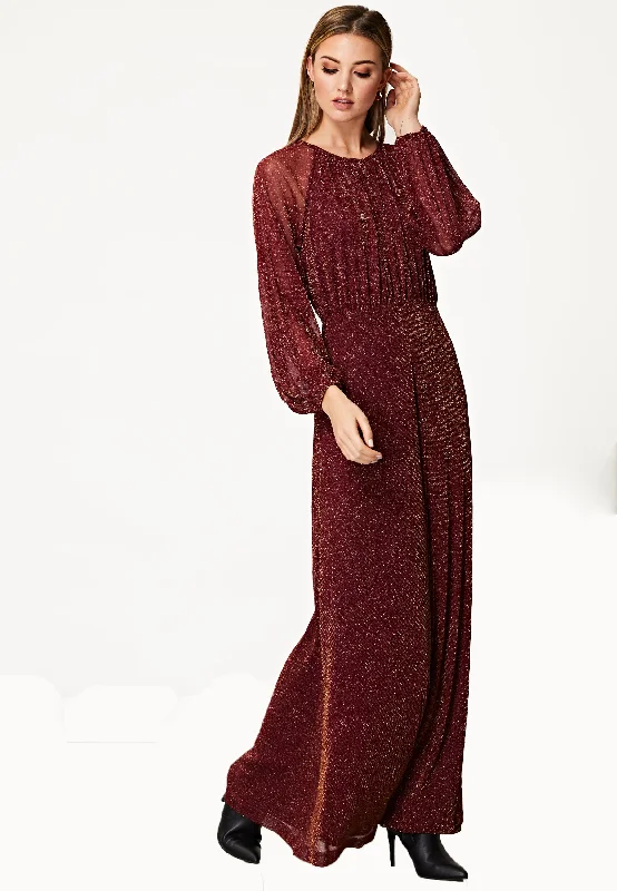 Long Sleeve Chiffon Maxi Dress Gold Lurex Flecking in Burgundy