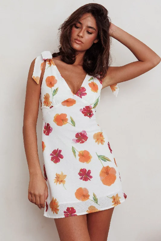 Mykonos Morning Tied Shoulder Mini Dress Flower Orange