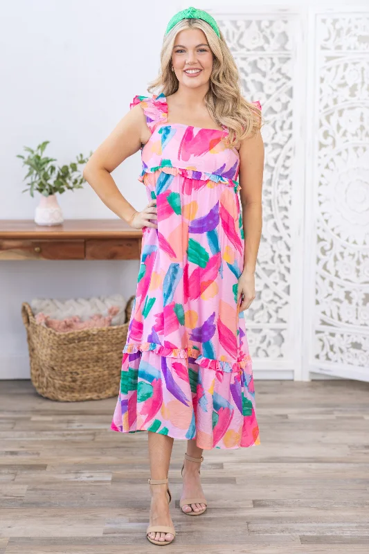 Pink Multicolor Ruffle Straps Midi Dress