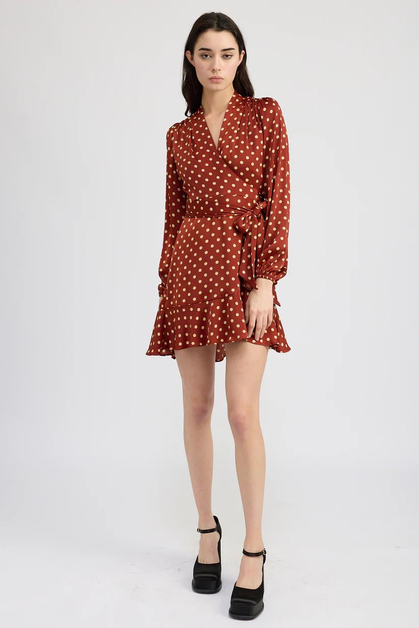 Rust Polka Dot Ruffle Wrap Dress