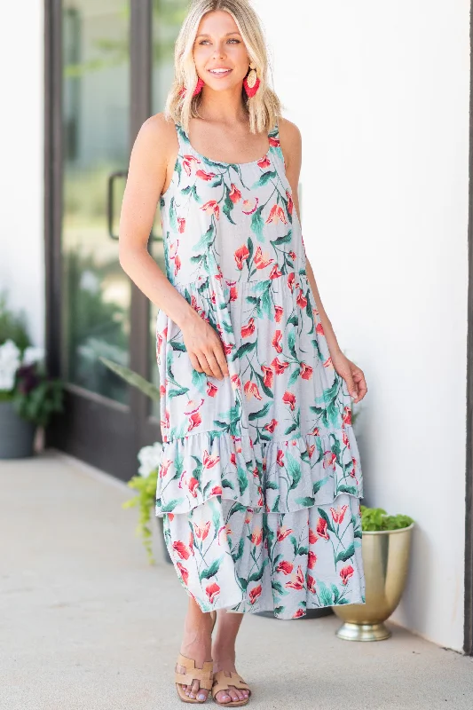 Thinking Of You Gray Ditsy Floral Midi Dress