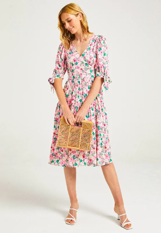 Tiered Floral Midi Dress in Pink