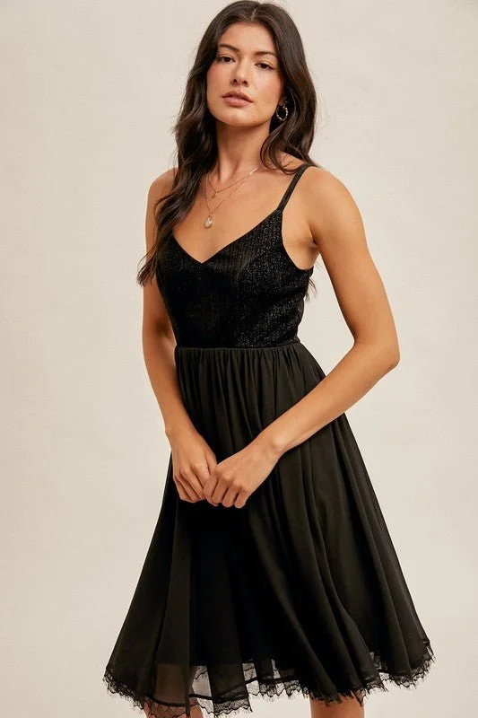 Velvet & Chiffon Lace Trim Swing Dress