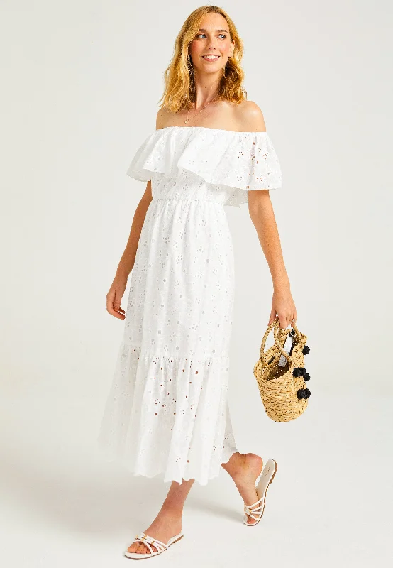 White Broderie Midaxi Bardot Dress