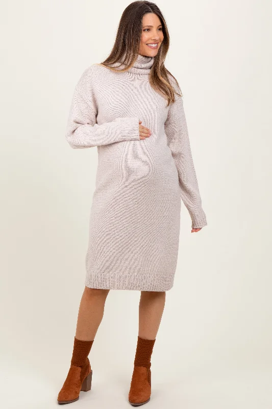 Beige Turtleneck Side Slit Maternity Midi Sweater Dress