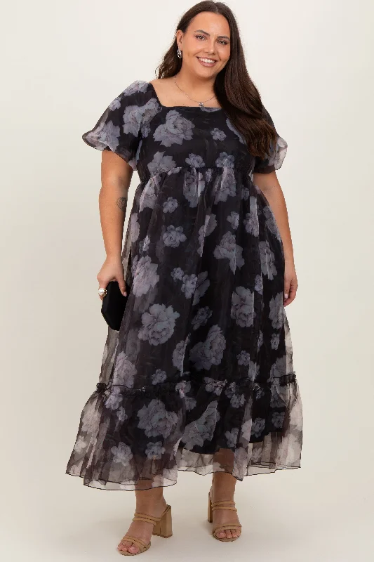 Black Floral Organza Square Neck Plus Midi Dress