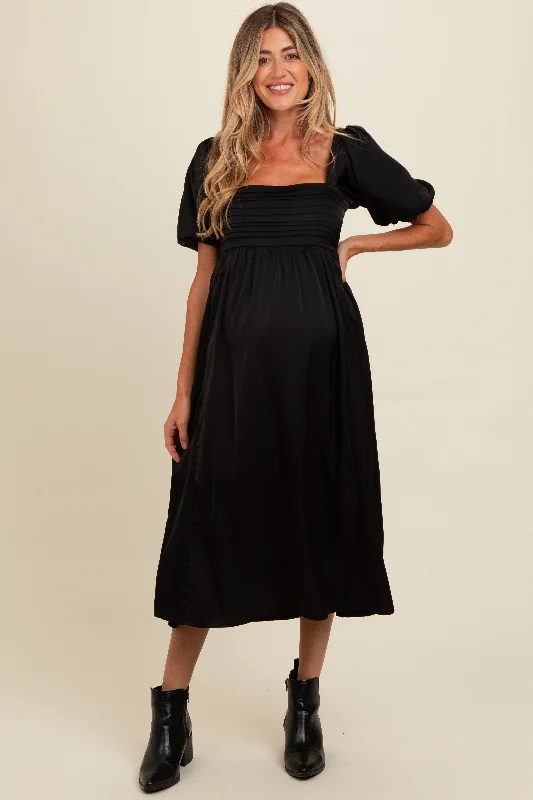 Black Satin Pleated Bodice Puff Sleeve Maternity Midi Dress