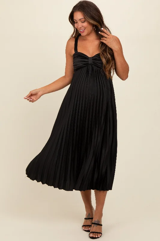 Black Satin Pleated Sweetheart Maternity Midi Dress