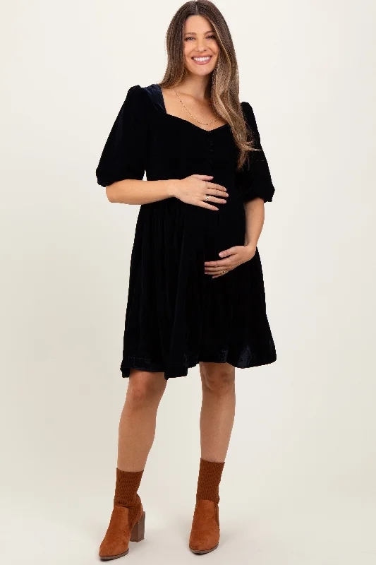 Black Velvet Sweetheart Button Accent Maternity Dress