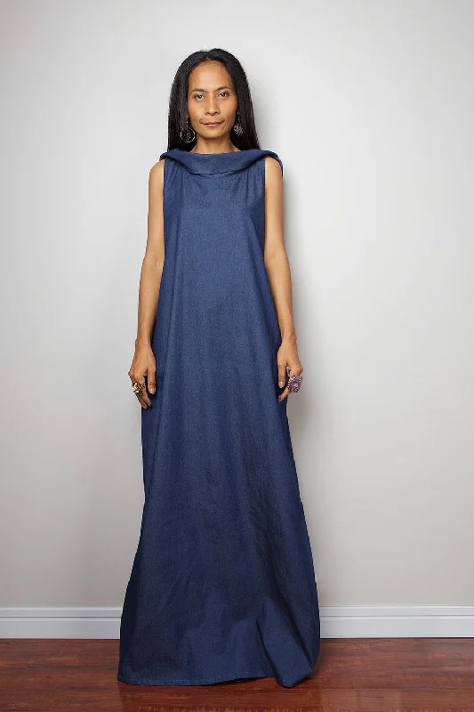 Denim Dress / Sleeveless Blue Dress with hood / Long Blue Denim Dress  : The Soul of the Orient Collection No.4