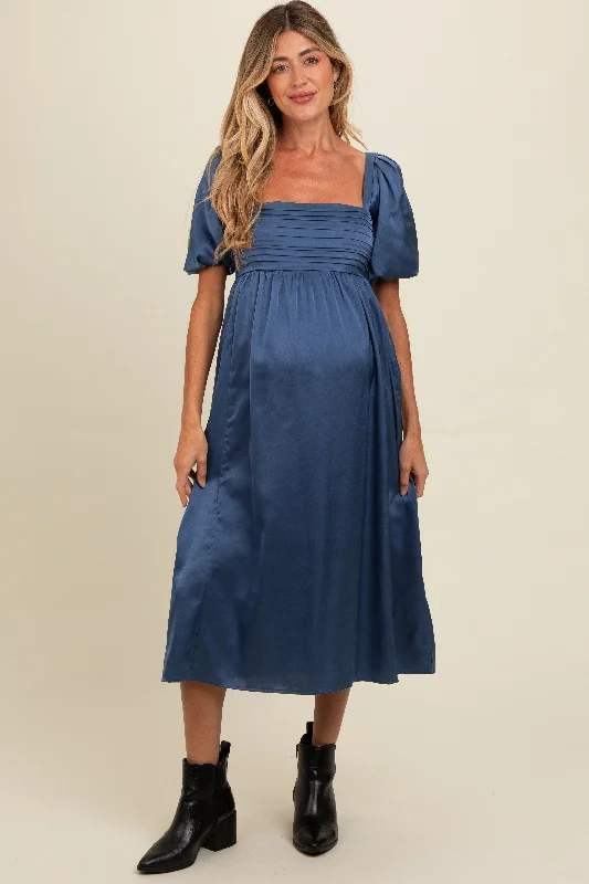 Blue Satin Pleated Bodice Puff Sleeve Maternity Midi Dress