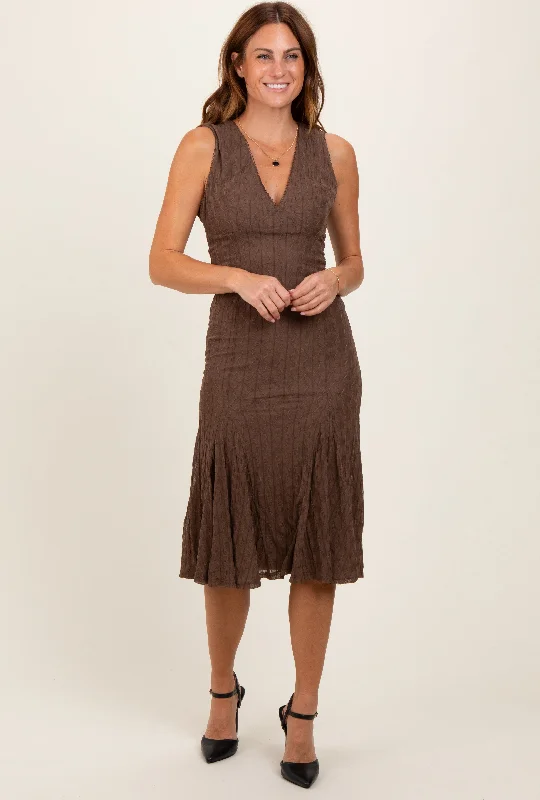 Brown Textured V-Neck Midi Dress