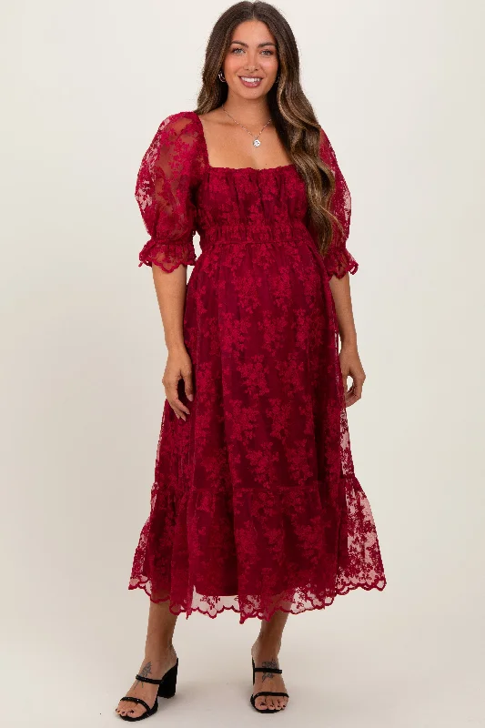 Burgundy Floral Mesh Lace Overlay Maternity Maxi Dress