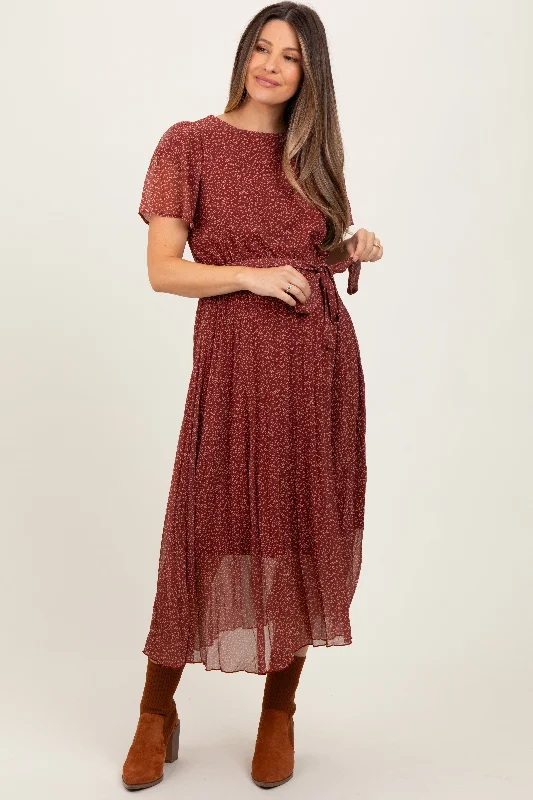 Burgundy Leaf Print Pleated Maternity Midi Dress