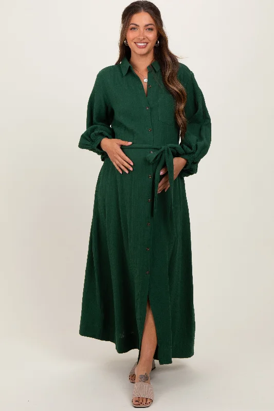 Dark Olive Gauze Belted Shirt Maternity Midi Dress